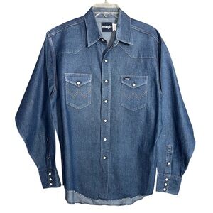 Vintage Wrangler Men’s Blue Denim Shirt Size XXL Cowboy Long Sleeve Pearl Snap
